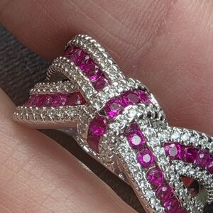 Rubies and moissanites in a silver-plated ring from Her's Jewelry